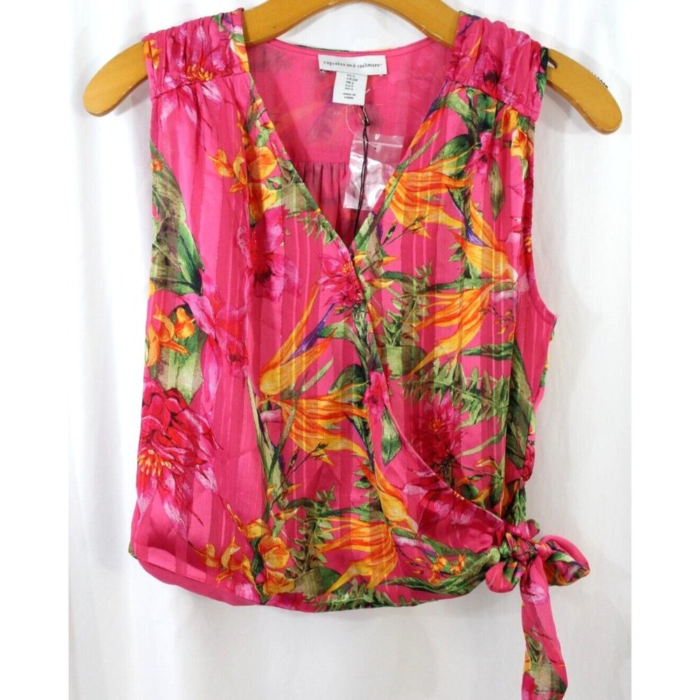 NWT Cupcakes and Cashmere Womens Pink Floral Faux Wrap Side Tie Blouse S